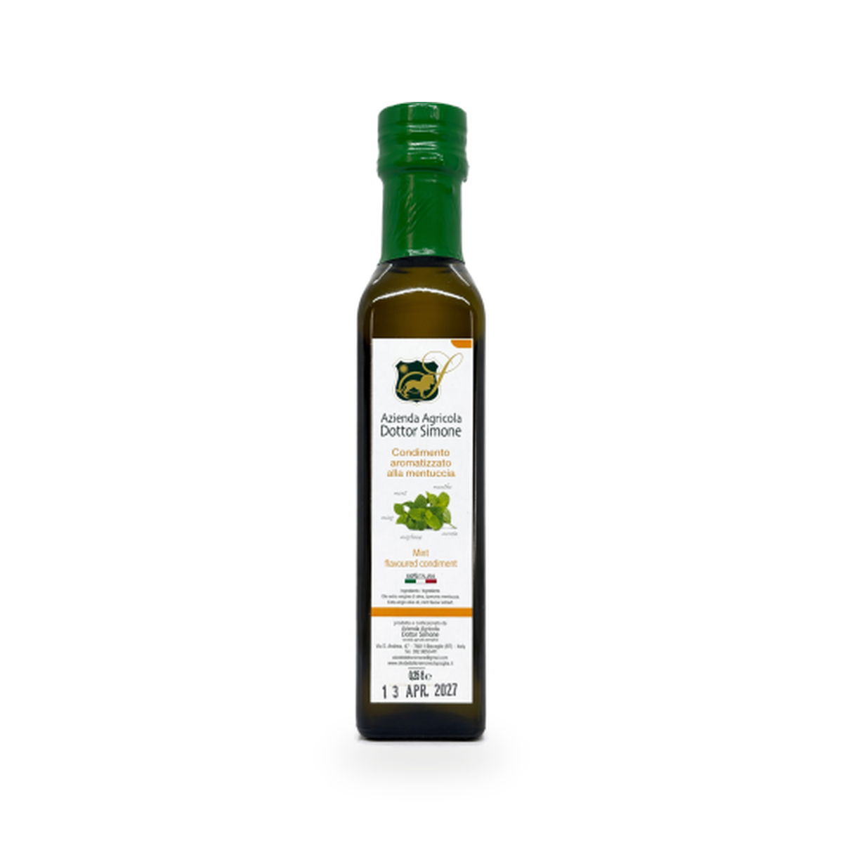Dottor Simone mėtomis aromatizuotas alyvuogių aliejus 250 ml, žalias kamštelis